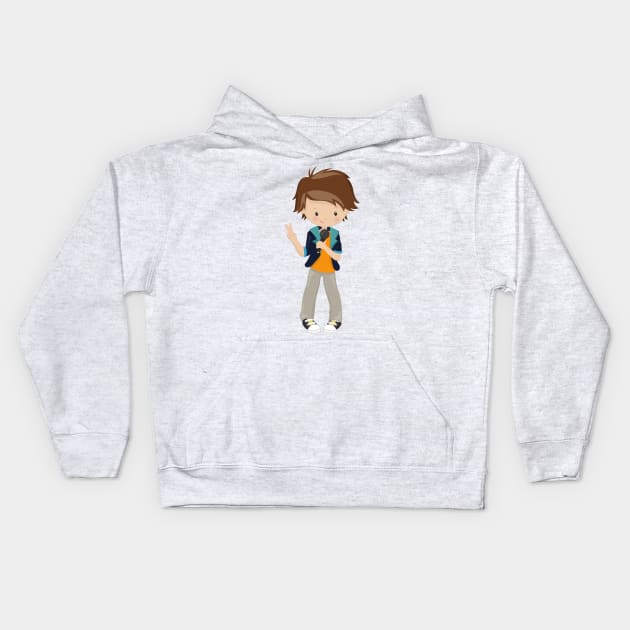 Rock Boy, Brown Hair, Band Singer, Microphone Kids Hoodie by Jelena Dunčević